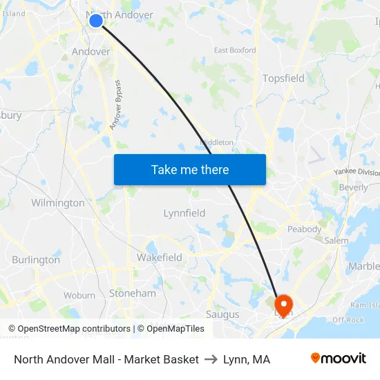 North Andover Mall - Market Basket to Lynn, MA map