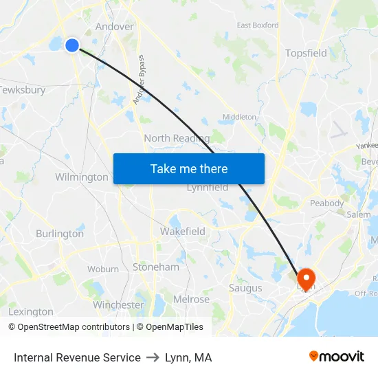 Internal Revenue Service to Lynn, MA map