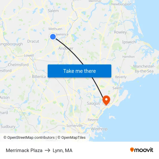 Merrimack Plaza to Lynn, MA map
