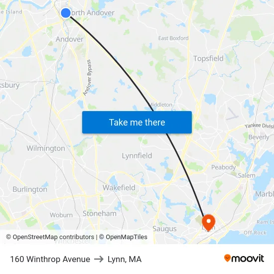 160 Winthrop Avenue to Lynn, MA map