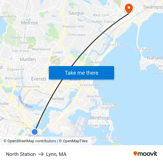 North Station to Lynn, MA map