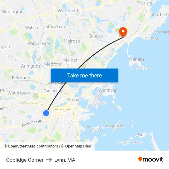 Coolidge Corner to Lynn, MA map