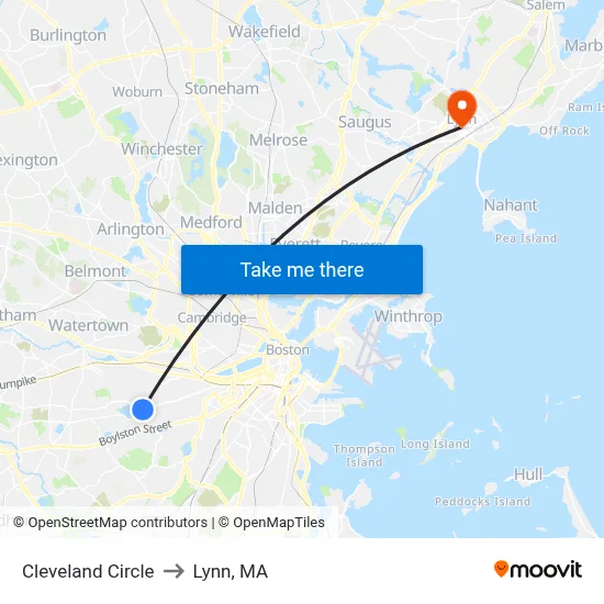 Cleveland Circle to Lynn, MA map