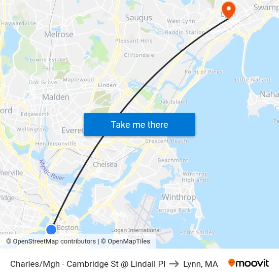 Charles/Mgh - Cambridge St @ Lindall Pl to Lynn, MA map