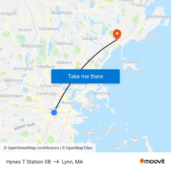 Hynes T Station SB to Lynn, MA map