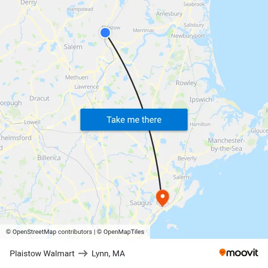 Plaistow Walmart to Lynn, MA map