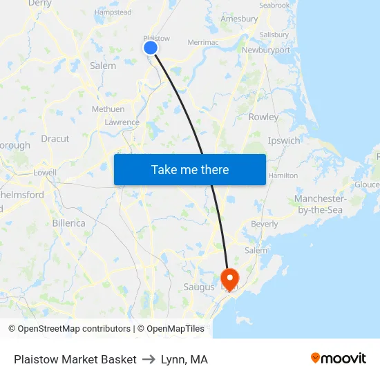 Plaistow Market Basket to Lynn, MA map