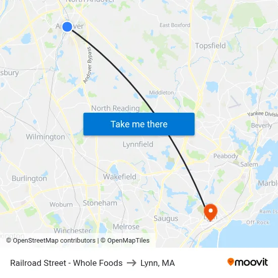 Railroad Street - Whole Foods to Lynn, MA map