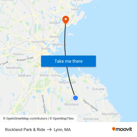 Rockland Park & Ride to Lynn, MA map