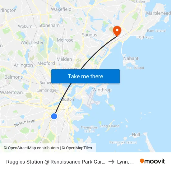 Ruggles Station @ Renaissance Park Garage to Lynn, MA map