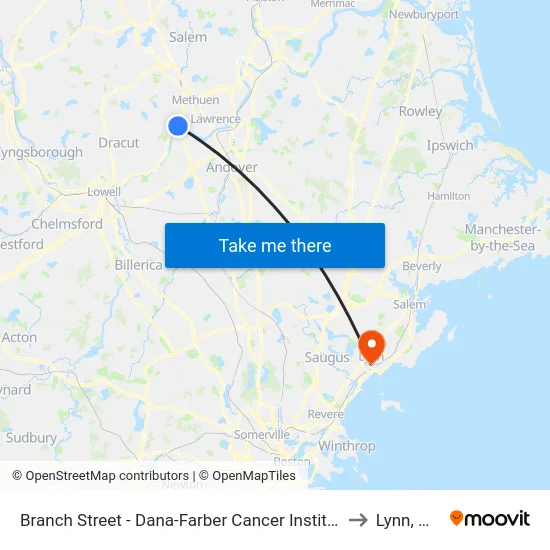 Branch Street - Dana-Farber Cancer Institute to Lynn, MA map
