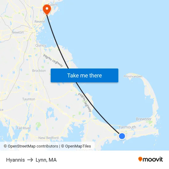 Hyannis to Lynn, MA map