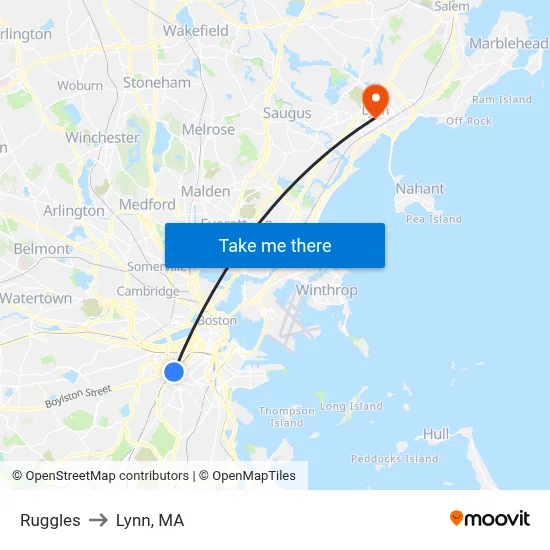 Ruggles to Lynn, MA map