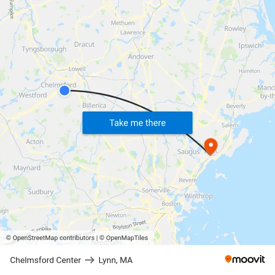 Chelmsford Center to Lynn, MA map
