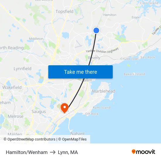 Hamilton/Wenham to Lynn, MA map