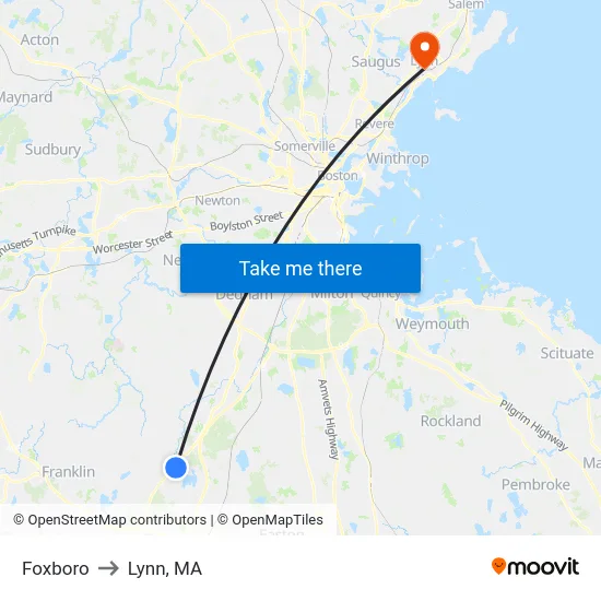 Foxboro to Lynn, MA map