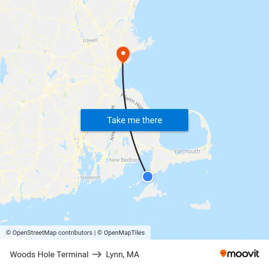 Woods Hole Terminal to Lynn, MA map