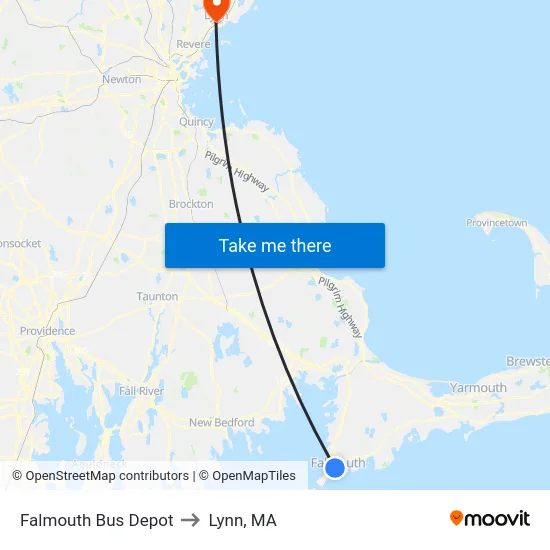 Falmouth Bus Depot to Lynn, MA map