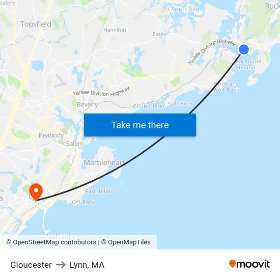 Gloucester to Lynn, MA map