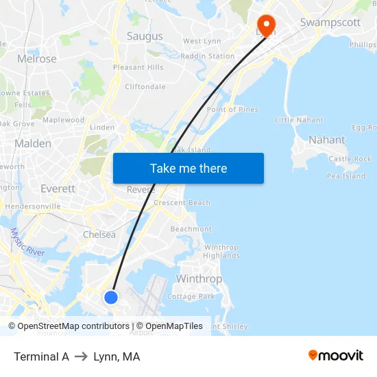 Terminal A to Lynn, MA map