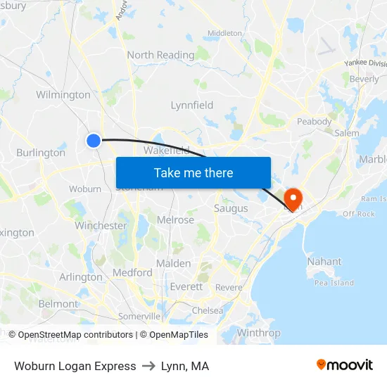 Woburn Logan Express to Lynn, MA map