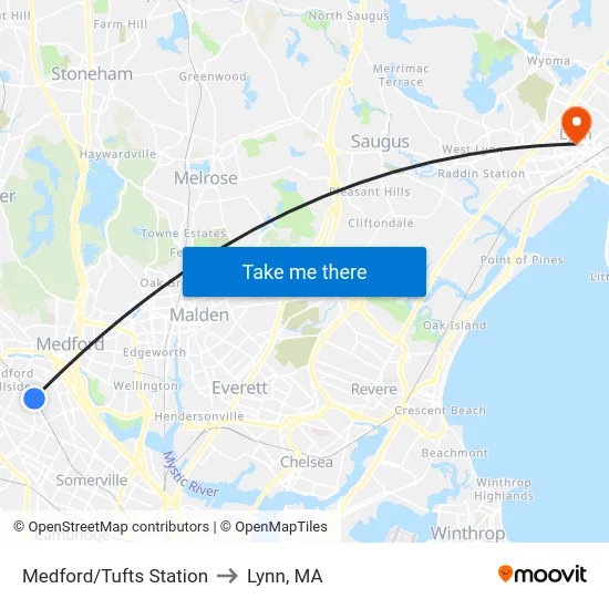 Medford/Tufts Station to Lynn, MA map