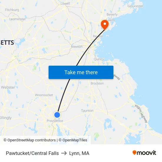 Pawtucket/Central Falls to Lynn, MA map