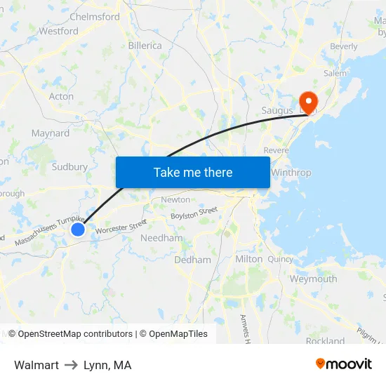 Walmart to Lynn, MA map