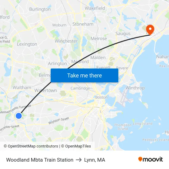 Woodland Mbta Train Station to Lynn, MA map