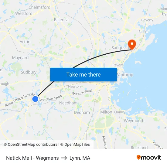Natick Mall - Wegmans to Lynn, MA map