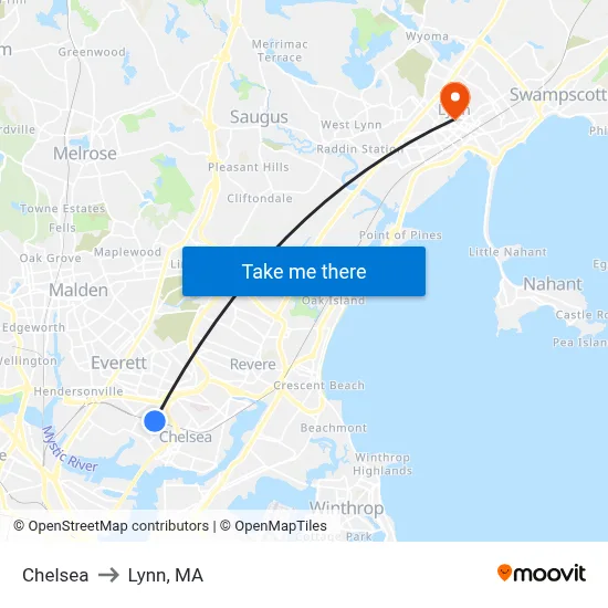 Chelsea to Lynn, MA map