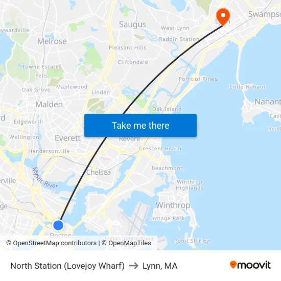 North Station (Lovejoy Wharf) to Lynn, MA map