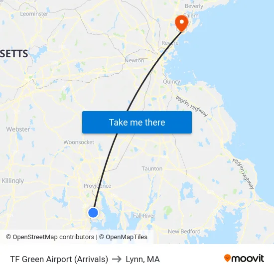 TF Green Airport (Arrivals) to Lynn, MA map