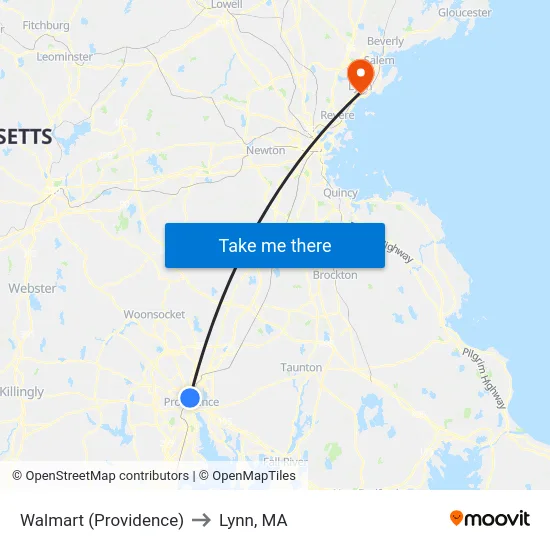 Walmart (Providence) to Lynn, MA map