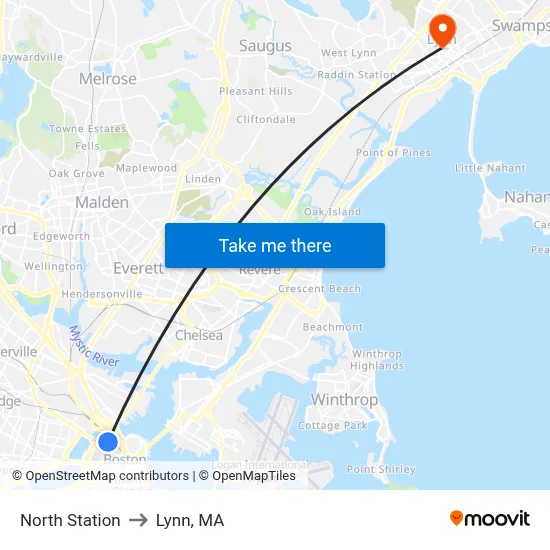 North Station to Lynn, MA map