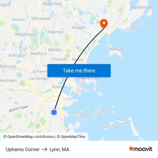 Uphams Corner to Lynn, MA map