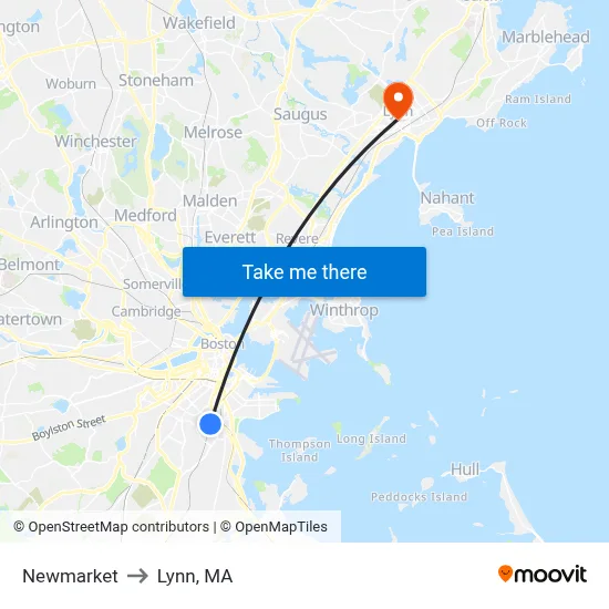 Newmarket to Lynn, MA map