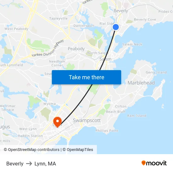 Beverly to Lynn, MA map