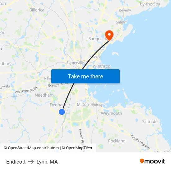 Endicott to Lynn, MA map