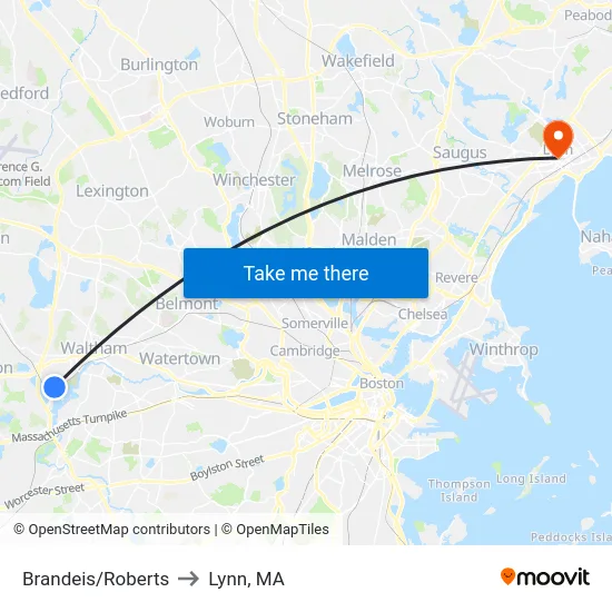 Brandeis/Roberts to Lynn, MA map