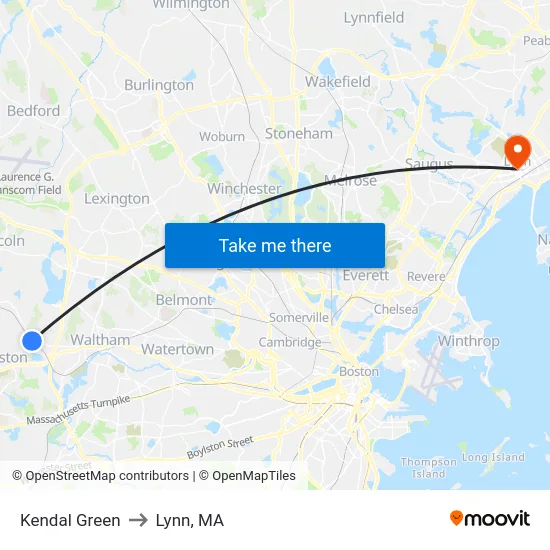 Kendal Green to Lynn, MA map