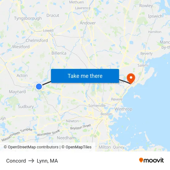 Concord to Lynn, MA map