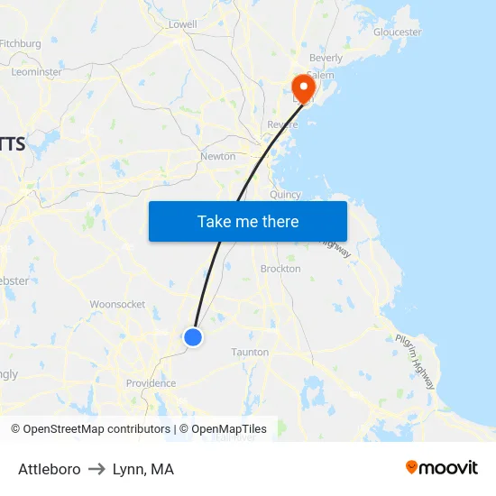 Attleboro to Lynn, MA map