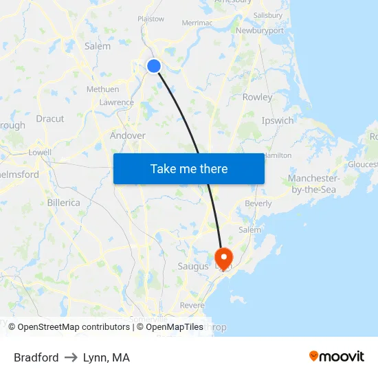 Bradford to Lynn, MA map
