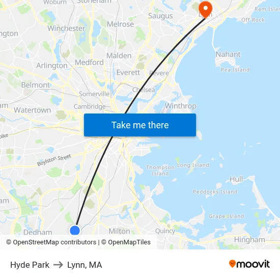 Hyde Park to Lynn, MA map
