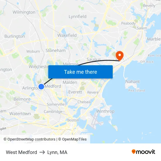 West Medford to Lynn, MA map