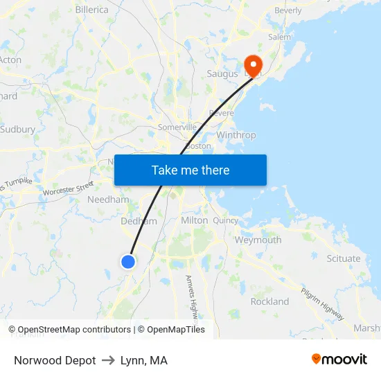 Norwood Depot to Lynn, MA map