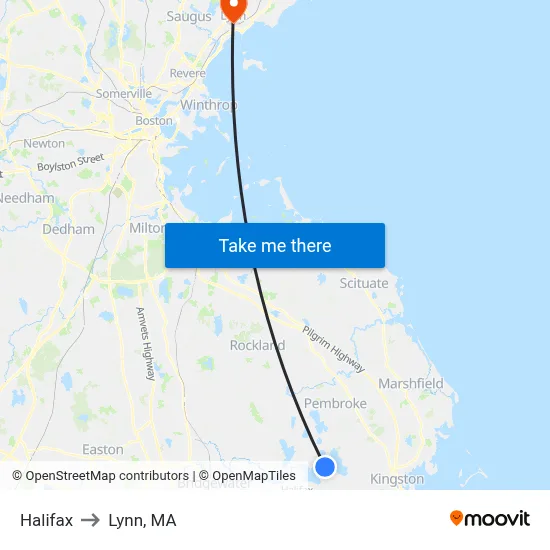 Halifax to Lynn, MA map