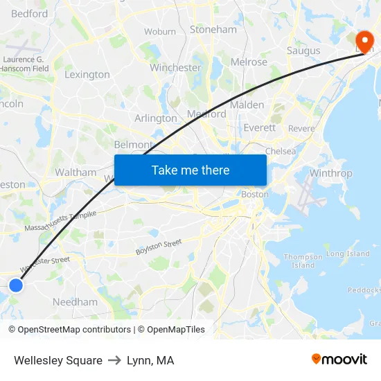 Wellesley Square to Lynn, MA map