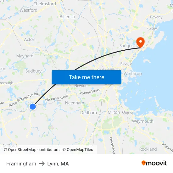 Framingham to Lynn, MA map